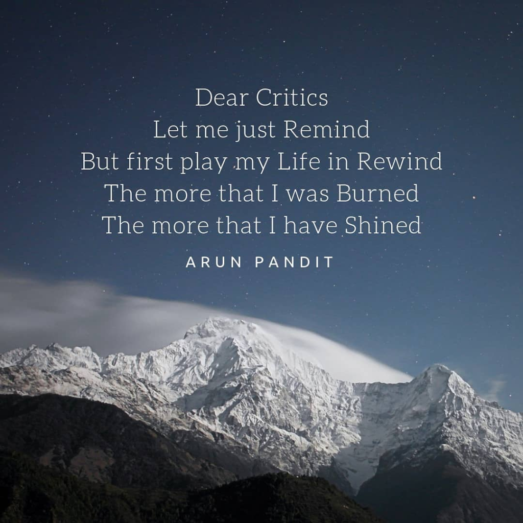 QUOTE ON LIFE, CRITICS AND SUCCESS BY ARUN PANDIT - DONTGIVEUPWORLD