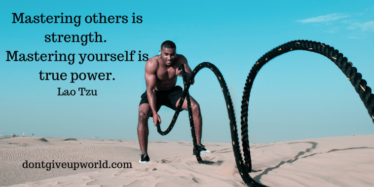 It is the image of a person doing some exercise to increase his strength. A quote by Lao Tzu is written