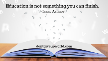 the image contains an open book kept on table and quote on education by issac asimov is written above