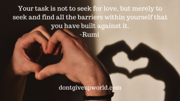 The image contains hands making the shape pf heart and some quotes by famous poet Romi is written