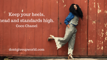 Image is of Coco Chanel standing against walls, with some motivational quotes written next to her.