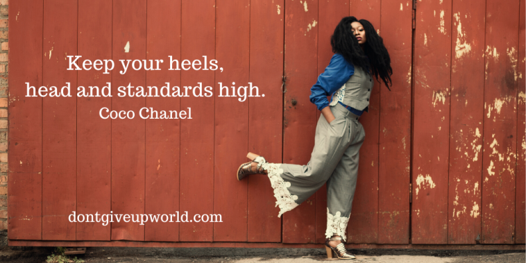 Image is of Coco Chanel standing against walls, with some motivational quotes written next to her.