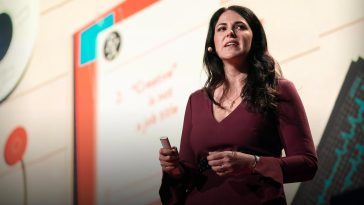 Picture of Lauren Braitman giving speech. Click on the picture to watch TED talk on mental helath Benefits for Heath care workers by Lauren Braitman