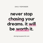 Never stop chasing your dreams it will be worth it